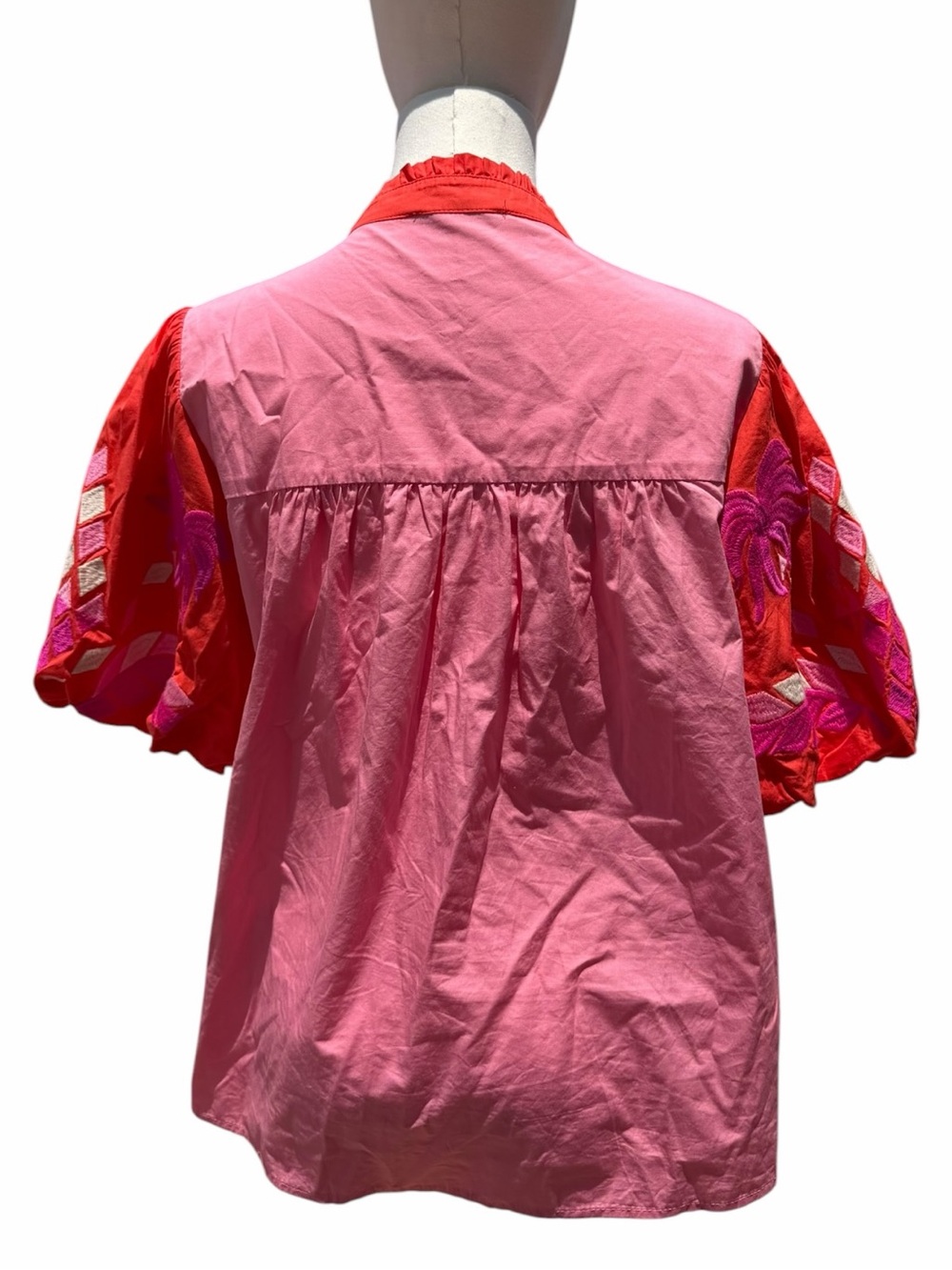 THML Embroidered Blouse Pink Red L Puff Sleeve Boho Chic Lightweight Top - Picture 3 of 8
